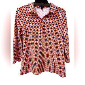 TALBOTS Women’s Tunic Button Up 3/4 Sleeves Orange‎ Blue Multi Geo Print Medium